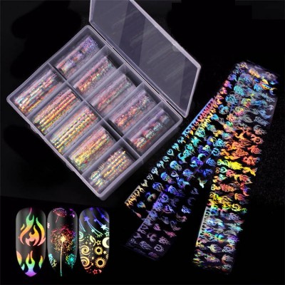 2021 10 In 1 Box Hot Sale Professional 3d Nail Sticker Decals Laser Multi-design Diy Stickers Nail Art Decoration